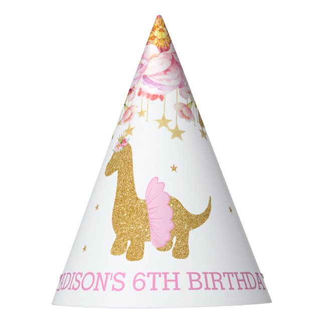Tutu Brachiosaur Dinosaurier Pink Floral Geburtsta Partyhütchen (Vorderseite)