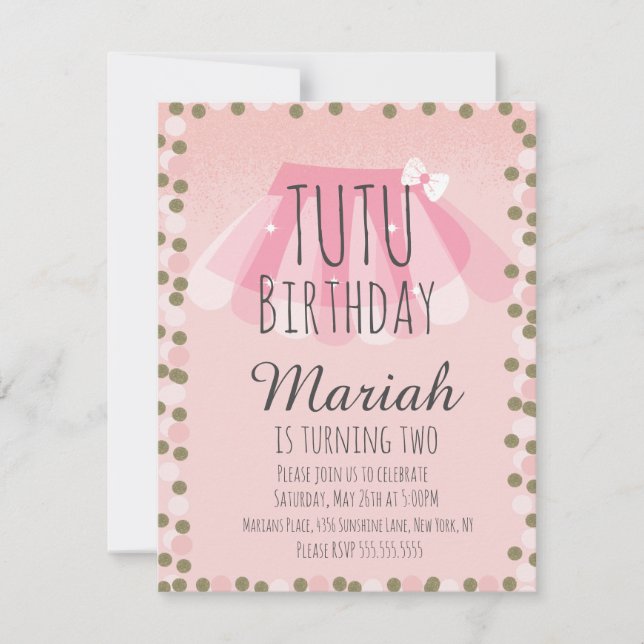 Tutu Girl's Birthday Pink Imitats Glitzer Dots Einladung (Vorderseite)