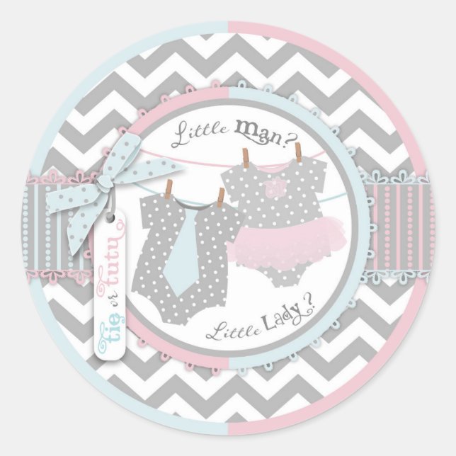 Tutu & Krawatte Zickzack Print Gender Reveal Baby  Runder Aufkleber (Vorderseite)