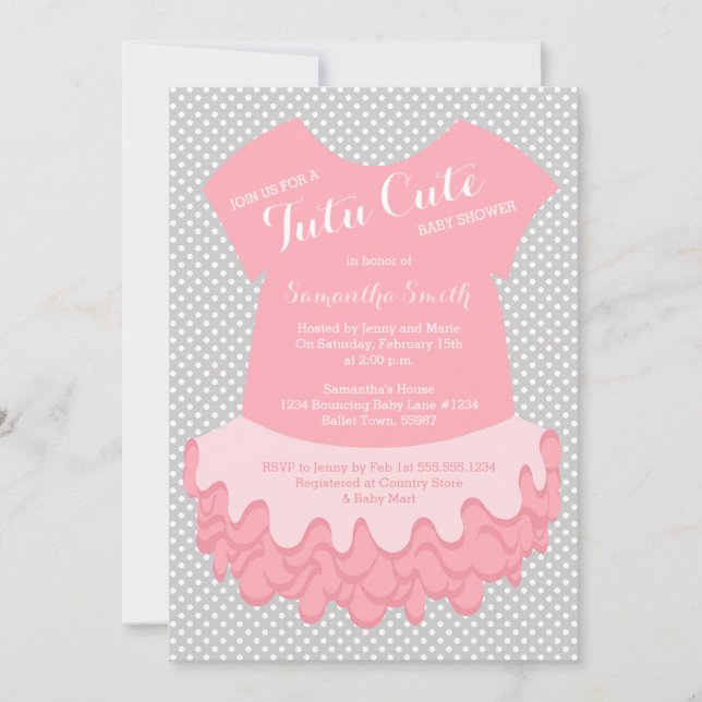 Tutu Niedlich Baby Dusche Einladung Rosa und Grau (Vorderseite)