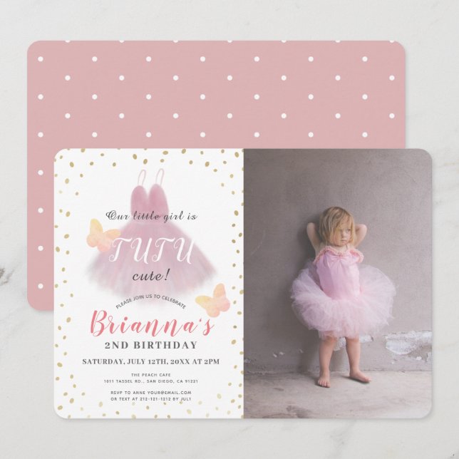 Tutu Niedlich Ballerina Pink & Whit Foto 2. Geburt Einladung (Vorne/Hinten)