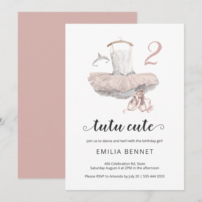 Tutu Niedlich Minimalistisch Ballerina Rosa 2. Geb Einladung (Vorne/Hinten)