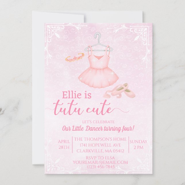 Tutu niedliche Rosa Ballerina Aquarelleinladung Einladung (Vorderseite)
