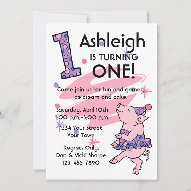Tutu Piggy 1er Anniversaire Invitations Personnali (Devant)