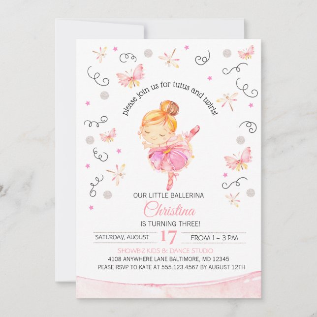 Tutu's and Twirls Ballerina Birthday Einladung (Vorderseite)