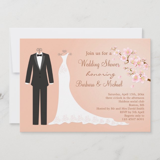 Tux u. Kleid, das Brautparty Kirschblüte Paares Einladung (Vorderseite)