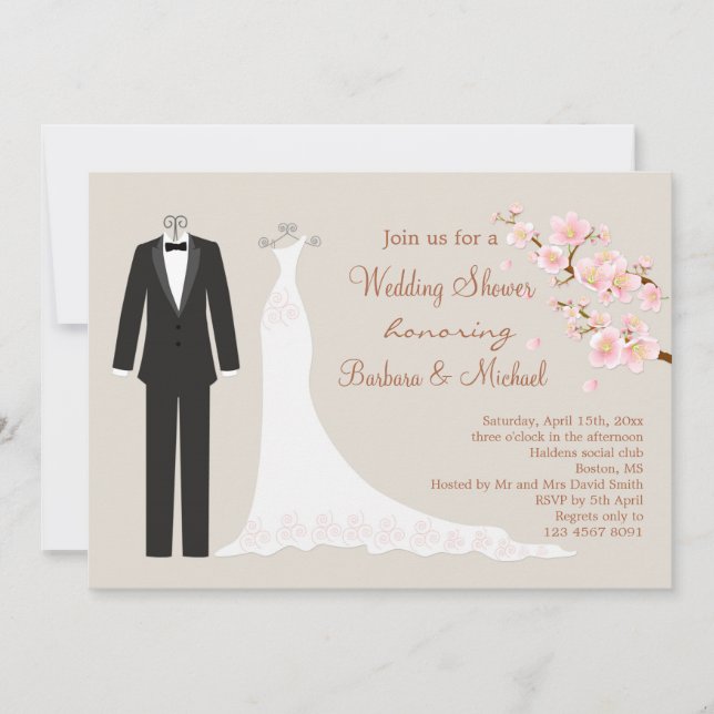 Tux u. Kleid, das Brautparty Kirschblüte Paares Einladung (Vorderseite)