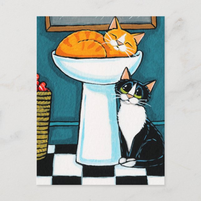 Tux und Tabby Katzen im Bad Sink Illustration Postkarte (Vorderseite)