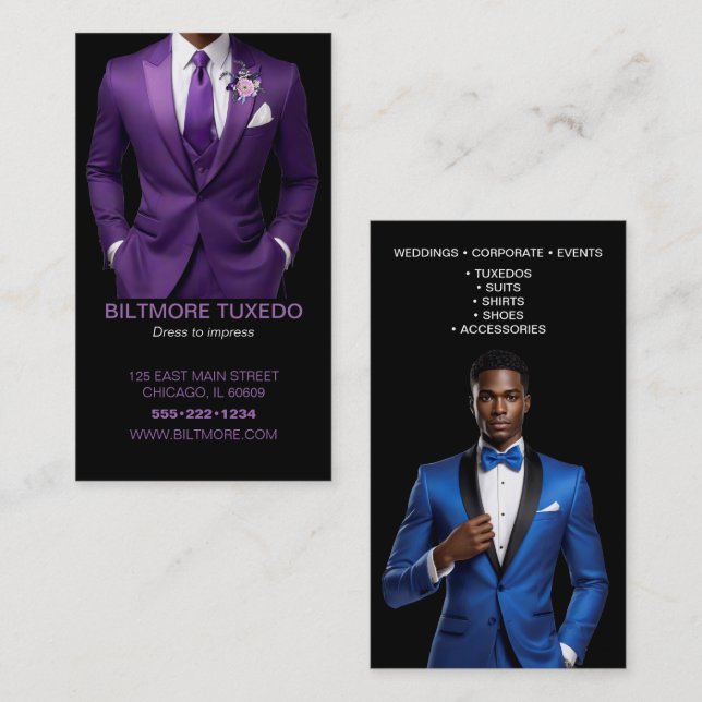 Tuxedo Anzug Mens Kleidung Moderne Sauberkeit Visitenkarte (Vorne/Hinten)