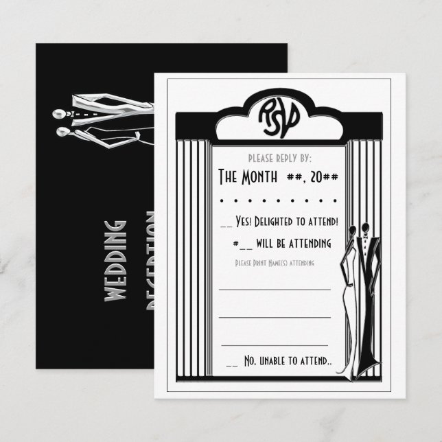 Tuxedo - Art déco - noir sur blanc carte RSVP (Devant / Derrière)