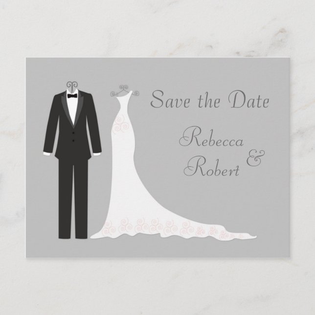 Tuxedo, auf silber Save the Date Postkarte gown (Vorderseite)