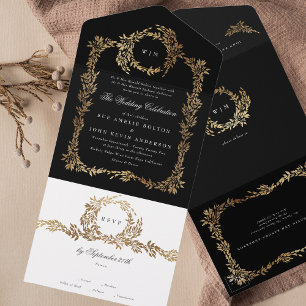 Tuxedo Black Gold Botanical Wreath Classic Wedding All In One Einladung