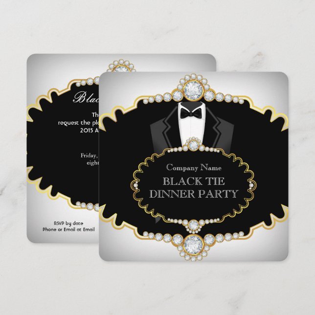 Tuxedo Black Krawatte Dinner Party Weißes Gold Einladung (Vorne/Hinten)