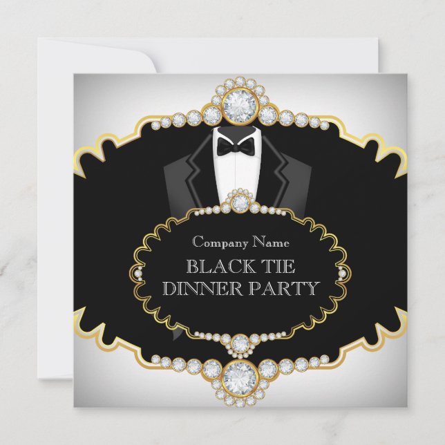 Tuxedo Black Krawatte Dinner Party Weißes Gold Einladung (Vorderseite)