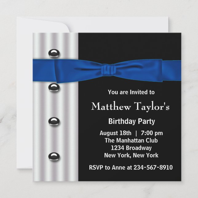 Tuxedo Bow Krawatte Mens Blue Black Birthday Party Einladung (Vorderseite)