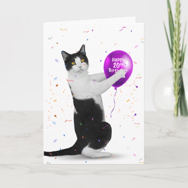 Tuxedo Cat 20th Birthday Balloon Card Karte (Vorderseite)