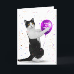 Tuxedo Cat 70th Birthday Balloon Card Karte<br><div class="desc">Schwarz-Weiß Katze mit lila Ballon und Konfetti auf weißem Hintergrund zum 70. Geburtstag. Die Farbe des weißen Hintergrunds kann geändert werden.</div>