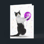 Tuxedo Cat 80th Birthday Balloon Card Karte<br><div class="desc">Schwarz-Weiß Katze mit lila Ballon und Konfetti auf weißem Hintergrund zum 80. Geburtstag. Die Farbe des weißen Hintergrunds kann geändert werden.</div>