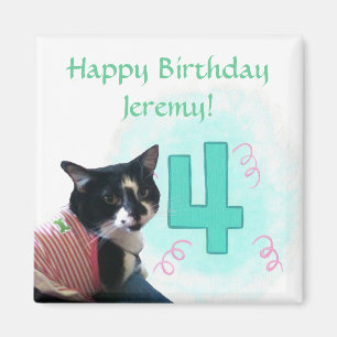 Tuxedo Cat Age Quatre heureux Magnets d'anniversai