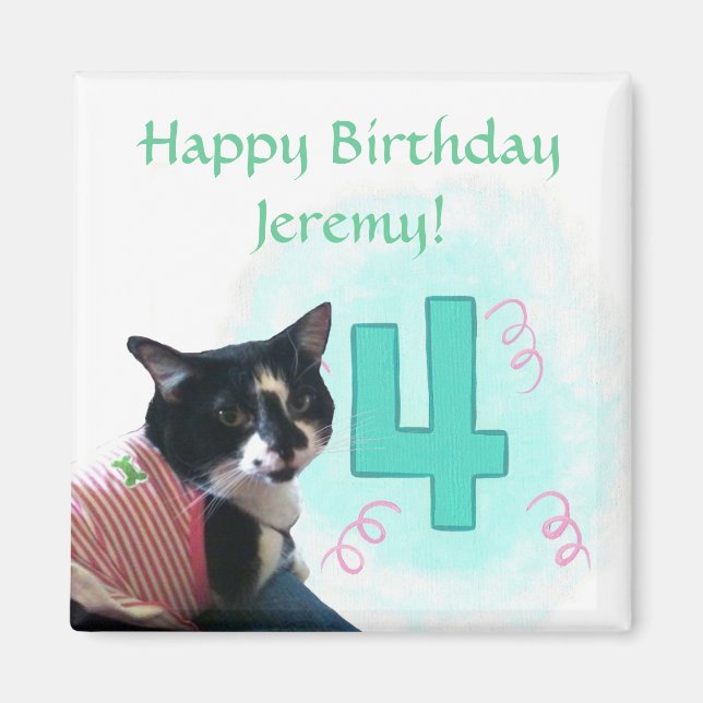 Tuxedo Cat Age Quatre heureux Magnets d'anniversai (Devant)