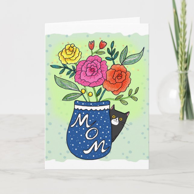 Tuxedo Cat and Flowers Custom Text Mother's Day Karte (Vorderseite)