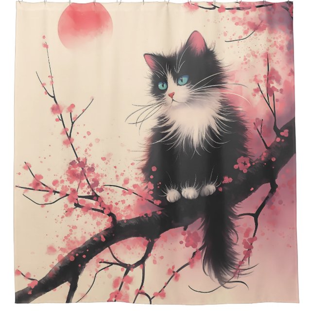 Tuxedo Cat auf Cherry Blossom Japanisch Ästhetik Duschvorhang (Vorderseite)