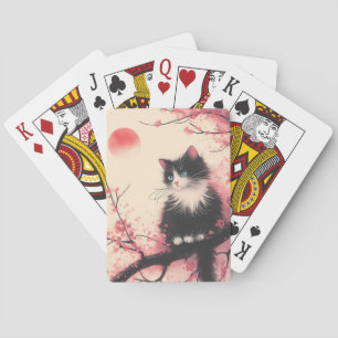 Tuxedo Cat auf Cherry Blossom Japanisch Ästhetik Spielkarten