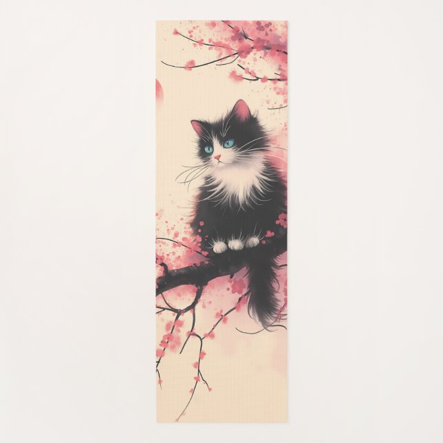 Tuxedo Cat auf Cherry Blossom Japanisch Ästhetik Yogamatte (Vorderseite)