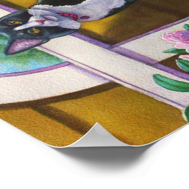 Tuxedo Cat auf Ladder Poster (Ecke)