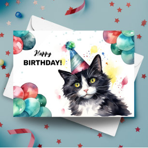 Tuxedo Cat Balloons und Party Hat Happy Birthday Karte