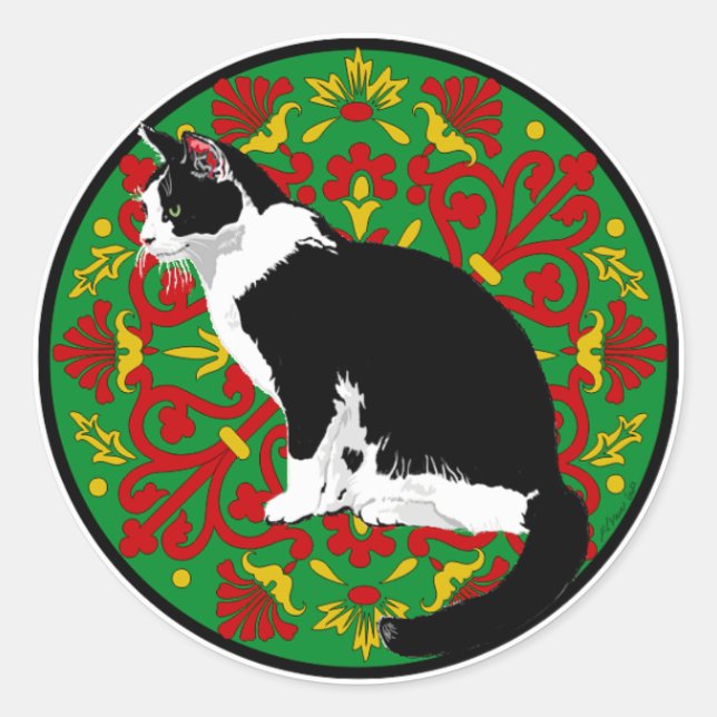 Tuxedo Cat Baroque Runder Aufkleber (Vorderseite)