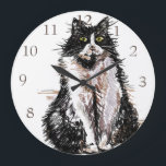 Tuxedo Cat Cats Cute Watercolour Painting Clock Große Wanduhr<br><div class="desc">Tuxedo Cat Cats Cute Watercolour Painting Decor Room Decor Clock. Designed from my original ink drawing art.</div>