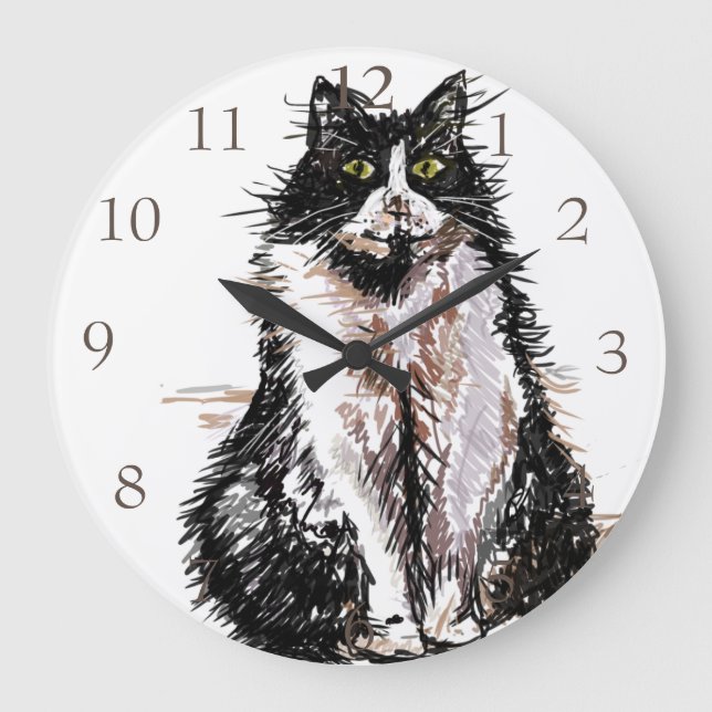 Tuxedo Cat Cats Cute Watercolour Painting Clock Große Wanduhr (Vorderseite)
