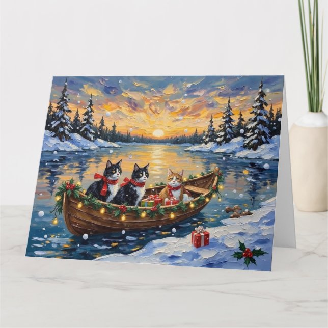 Tuxedo Cat Christmas Boat Holiday Karte (Vorderseite)