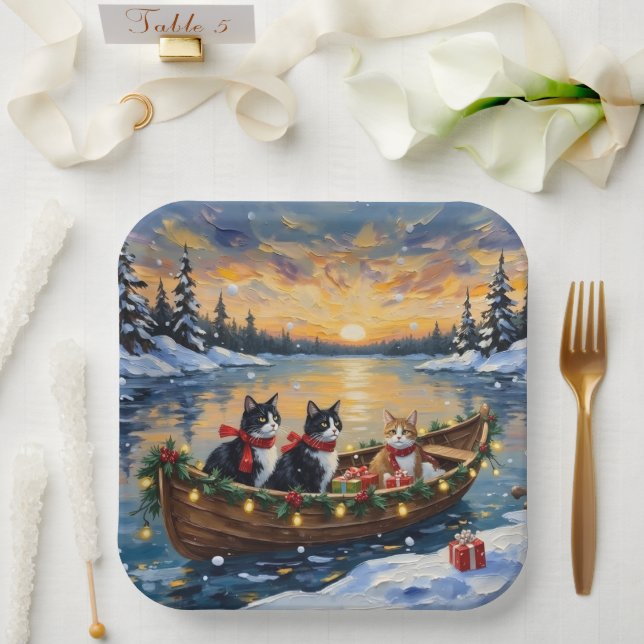 Tuxedo Cat Christmas Boat Holiday Pappteller (Hochzeit)