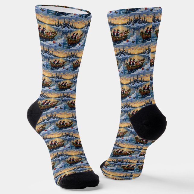 Tuxedo Cat Christmas Boat Holiday Socken (Gewinkelt)