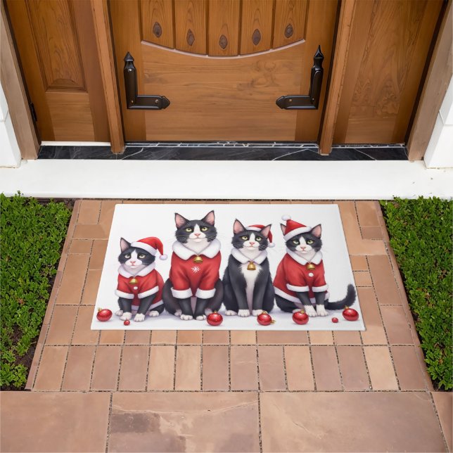 Tuxedo Cat Christmas Dress Santa Hat Fußmatte (Außenbereich)
