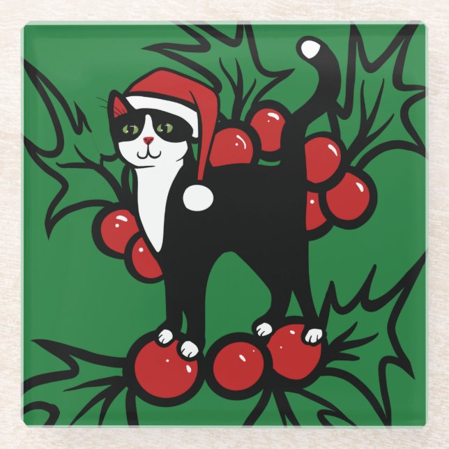 Tuxedo Cat Christmas Glasuntersetzer (Vorderseite)