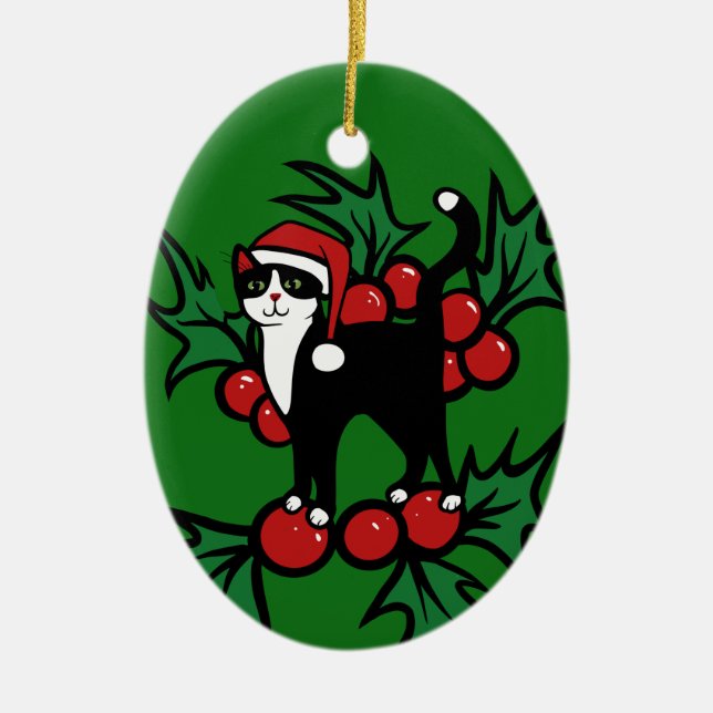 Tuxedo Cat Christmas Keramik Ornament (Vorne)