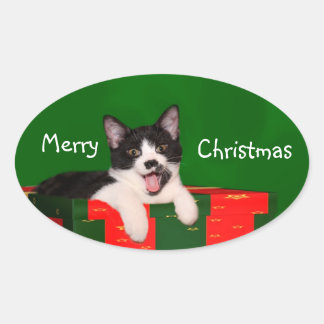 Tuxedo Cat Christmas Ovaler Aufkleber