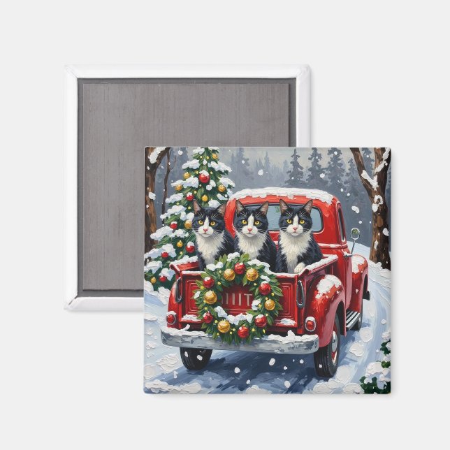 Tuxedo Cat Christmas Red Truck Holiday Magnet (Vorderseite/Rückseite)