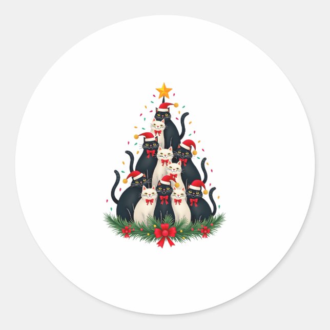 Tuxedo Cat Christmas Tree Tuxedo Cat Lights Xmas M Runder Aufkleber (Vorderseite)