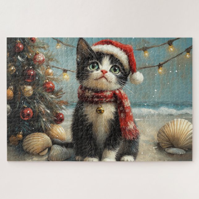 Tuxedo Cat Christmas Vintag Beach (Horizontal)