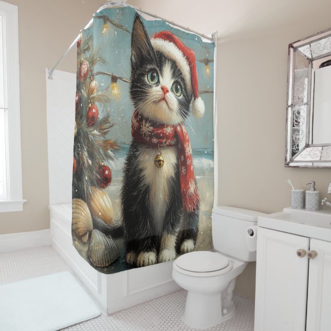 Tuxedo Cat Christmas Vintag Beach Duschvorhang (Beispiel)