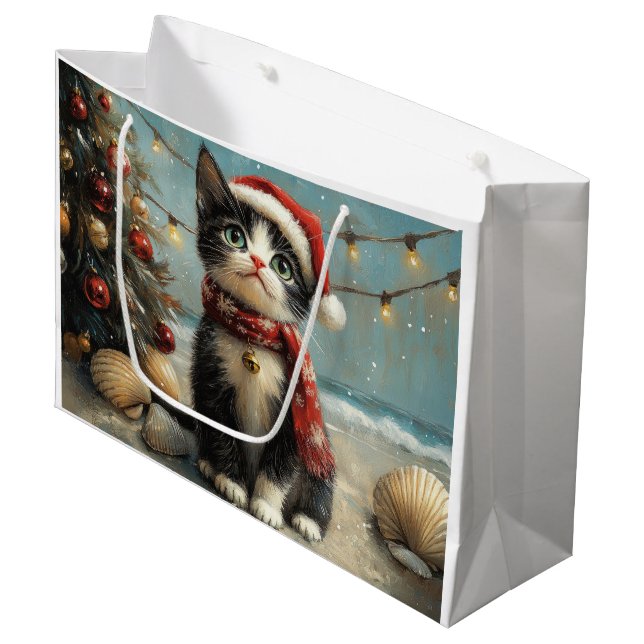 Tuxedo Cat Christmas Vintag Beach Große Geschenktüte (Vorderseite Schrägansicht)