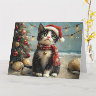 Tuxedo Cat Christmas Vintag Beach Karte