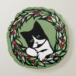 Tuxedo Cat Christmas Yule Holiday Cats Catmas Art Rundes Kissen