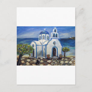 Tuxedo Cat Church auf der griechischen Insel Maler Postkarte