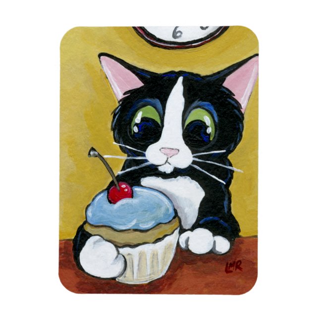 Tuxedo Cat & Cupcake Art Magnet Premium (Vertical)