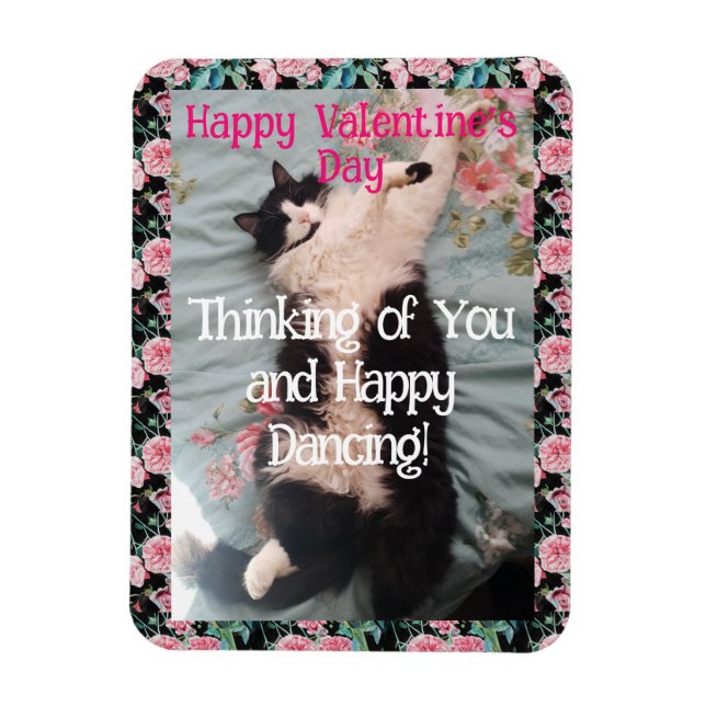 Tuxedo Cat Cute Funny Valentines Day Happy Dance Magnet (Vertikal)